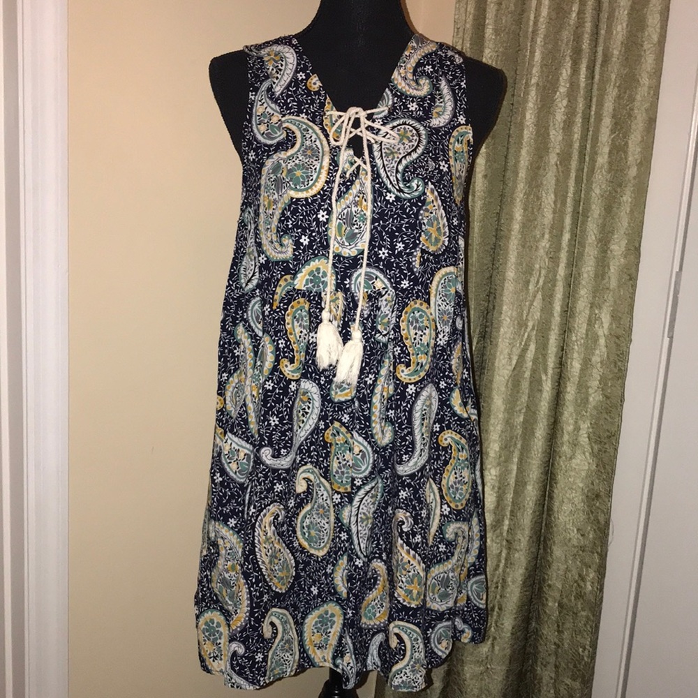 ENTRO Boho Midi Sleeveless Dress Navy Gold Green White Paisley Size L
